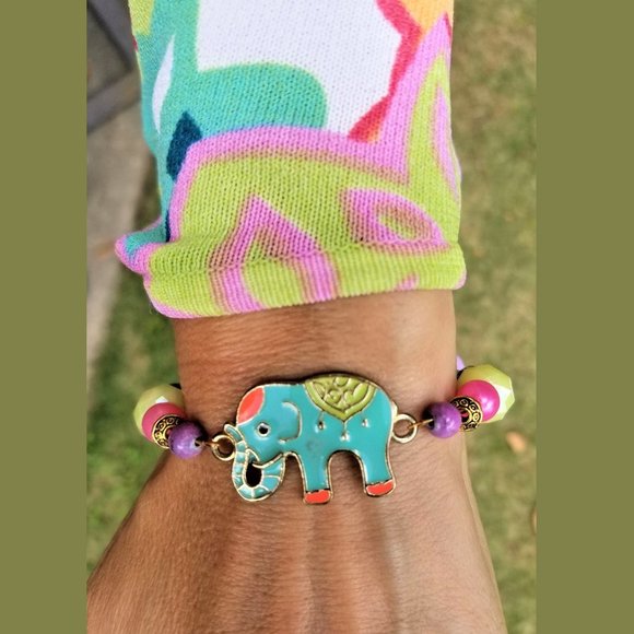 Artisan Bracelet Elephant Aqua Pink Yellow Gold Multi Beaded Magnetic Closure - Picture 2 of 7